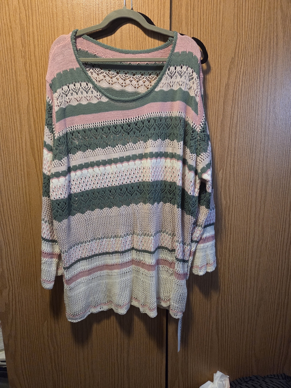 BloomChic Striped Open-Knit Sweater in Pink, White & Green